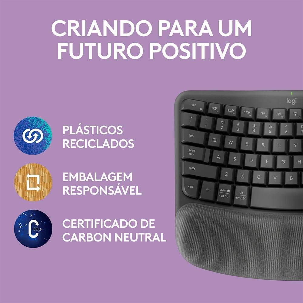 Imagem 12 de 13 do produto Teclado Sem Fio Logitech Wave Keys, Bluetooth, Layout US, Com Design Ondulado, Ergonômico, Grafite - 920-012281