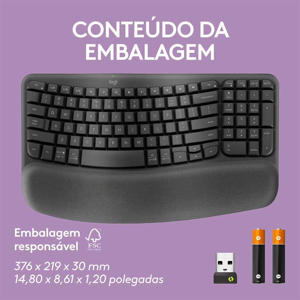 Imagem 13 de 13 do produto Teclado Sem Fio Logitech Wave Keys, Bluetooth, Layout US, Com Design Ondulado, Ergonômico, Grafite - 920-012281