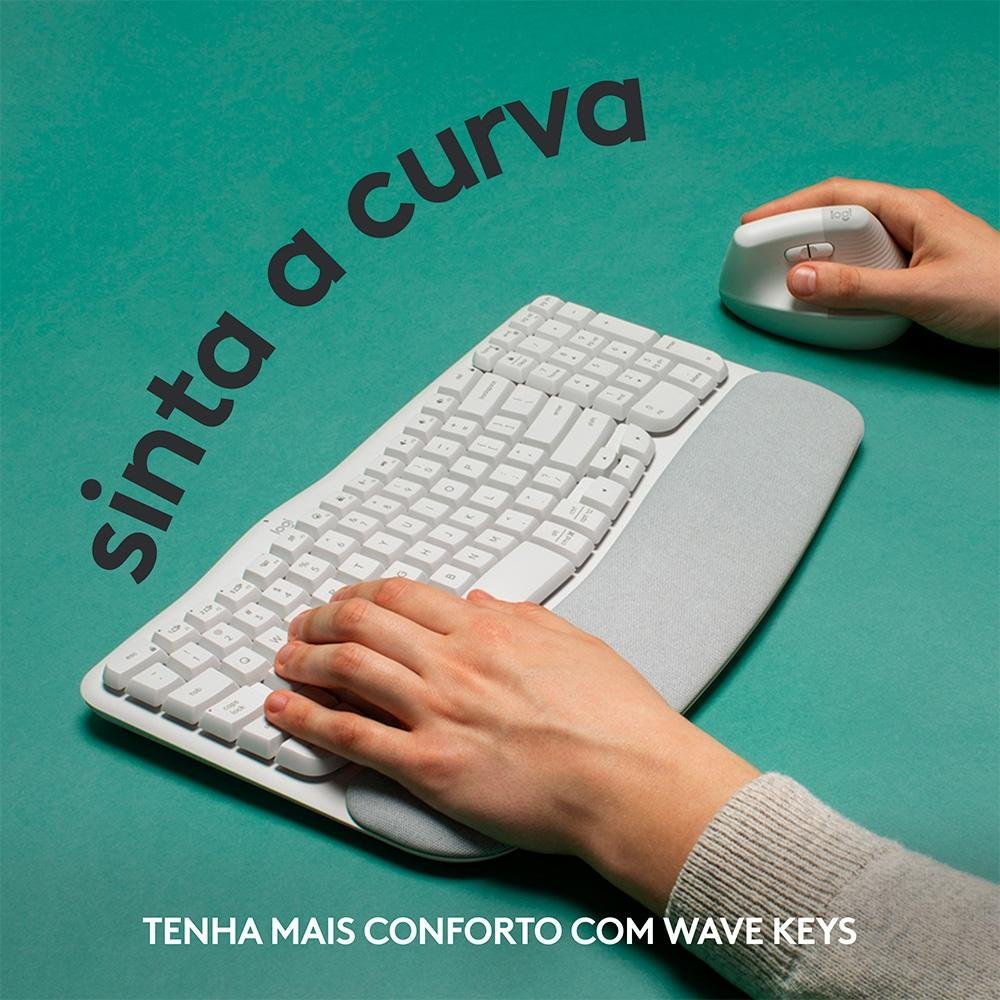 Imagem 4 de 12 do produto Teclado Sem Fio Logitech Wave Keys, Bluetooth, Layout US, Com Design Ondulado, Ergonômico, Branco - 920-012282