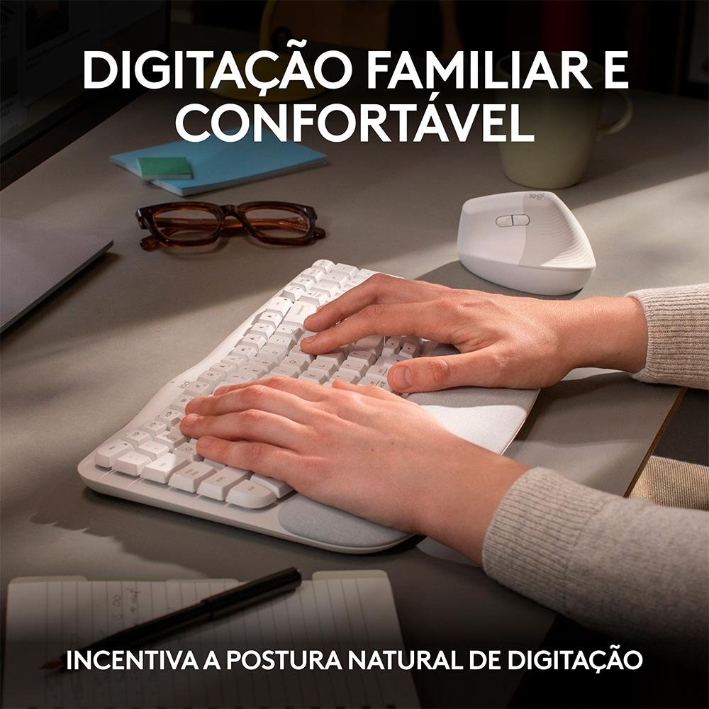 Imagem 5 de 12 do produto Teclado Sem Fio Logitech Wave Keys, Bluetooth, Layout US, Com Design Ondulado, Ergonômico, Branco - 920-012282