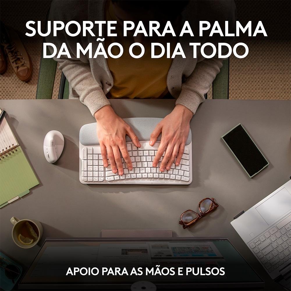 Imagem 6 de 12 do produto Teclado Sem Fio Logitech Wave Keys, Bluetooth, Layout US, Com Design Ondulado, Ergonômico, Branco - 920-012282