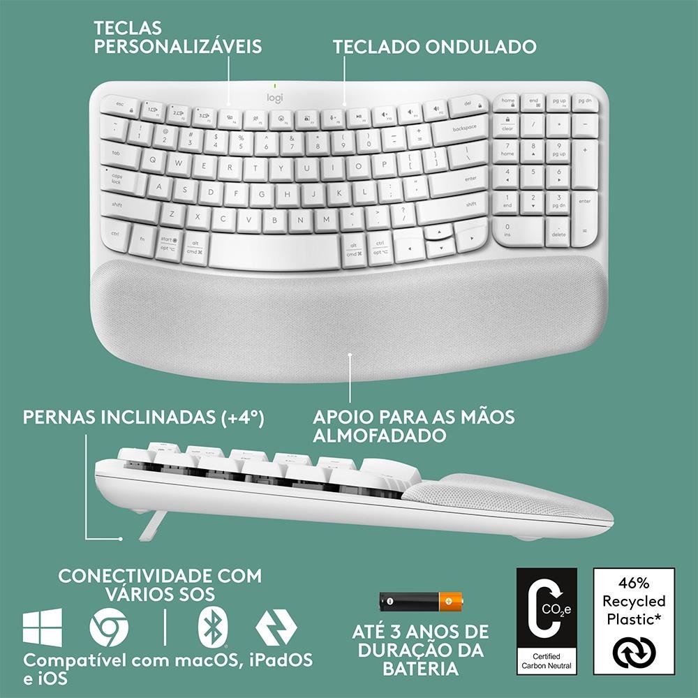Imagem 7 de 12 do produto Teclado Sem Fio Logitech Wave Keys, Bluetooth, Layout US, Com Design Ondulado, Ergonômico, Branco - 920-012282
