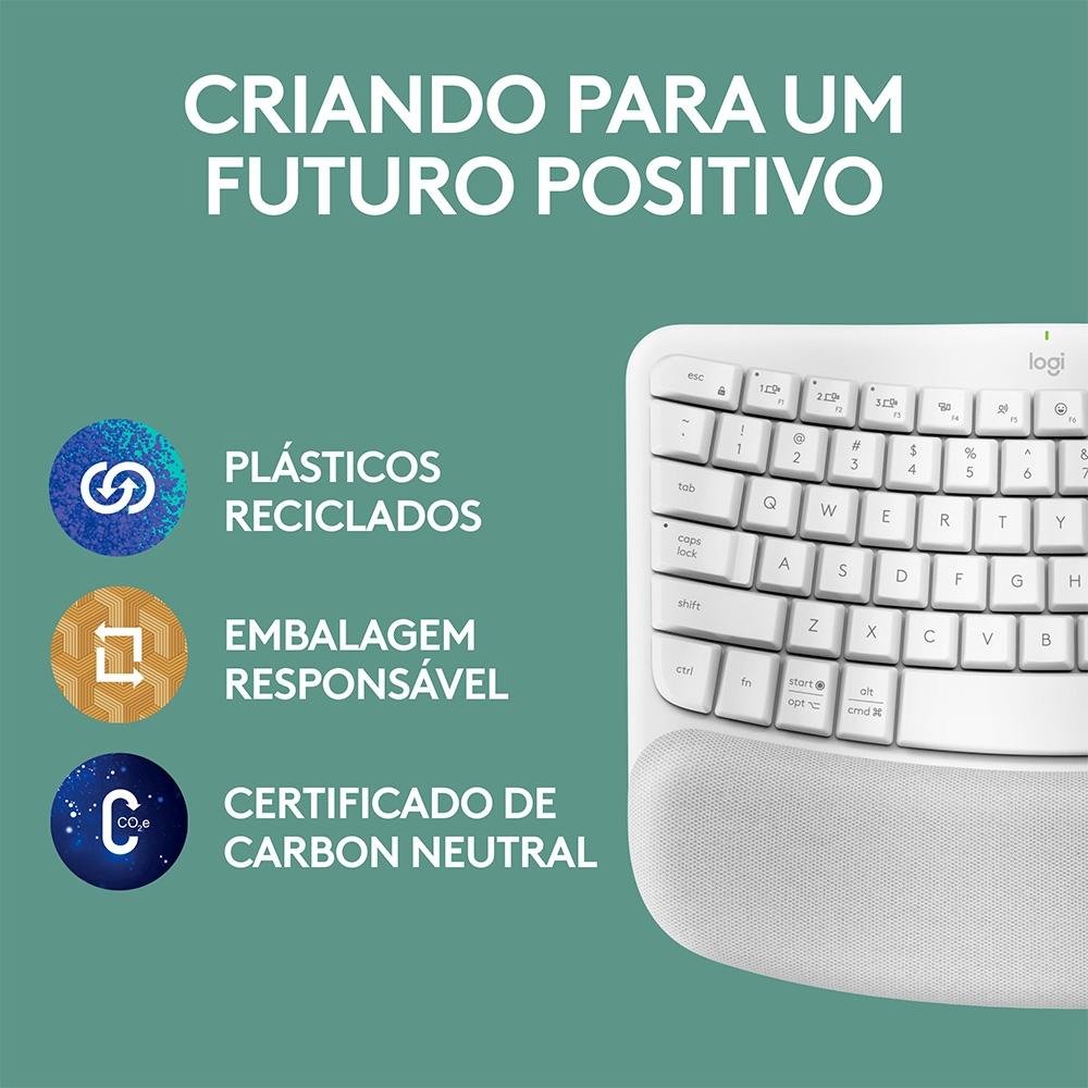 Imagem 9 de 12 do produto Teclado Sem Fio Logitech Wave Keys, Bluetooth, Layout US, Com Design Ondulado, Ergonômico, Branco - 920-012282