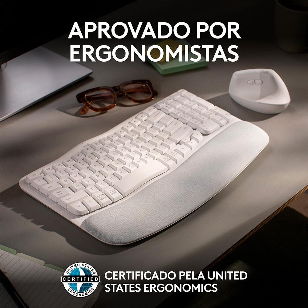 Imagem 11 de 12 do produto Teclado Sem Fio Logitech Wave Keys, Bluetooth, Layout US, Com Design Ondulado, Ergonômico, Branco - 920-012282