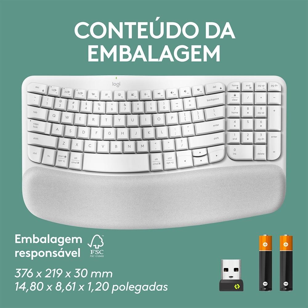 Imagem 12 de 12 do produto Teclado Sem Fio Logitech Wave Keys, Bluetooth, Layout US, Com Design Ondulado, Ergonômico, Branco - 920-012282