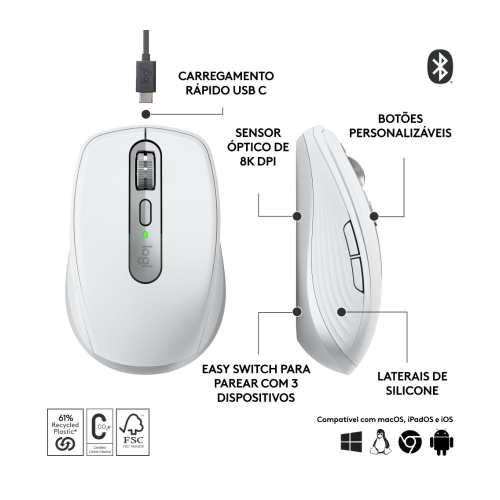 Mouse Sem Fio ( Balão.info) MX Anywhere 3S, Bluetooth, Clique Silencioso, Recarregável, Cinza Claro - 910-( Balão.info - foto 6
