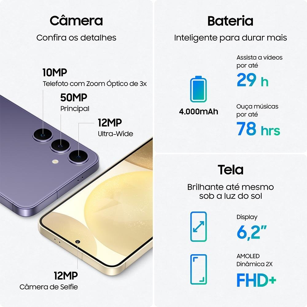 Imagem 5 de 11 do produto Smartphone Samsung Galaxy S24, Galaxy AI, Câmera Tripla 50MP, Tela de 6.2" 1-120Hz, 256GB, 8GB de RAM, eSIM, Violeta - SM-S921BZVSZTO