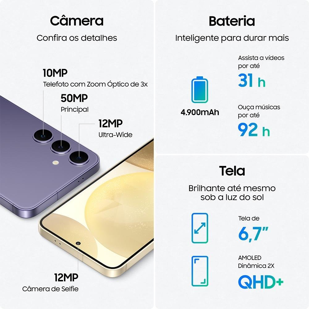 Smartphone Samsung Galaxy S24+, Galaxy AI, Câmera Tripla 50MP, Tela de 6.7" 1-120Hz, 512GB, 12GB de RAM, eSIM, Cinza - SM-S926BZASZTO Smartphone Samsung Galaxy S24+, Galaxy AI, Câmera Tripla 50MP, Tela de 6.7" 1-120Hz, 512GB, 12GB de RAM, eSIM, Cinza - SM-S926BZASZTO