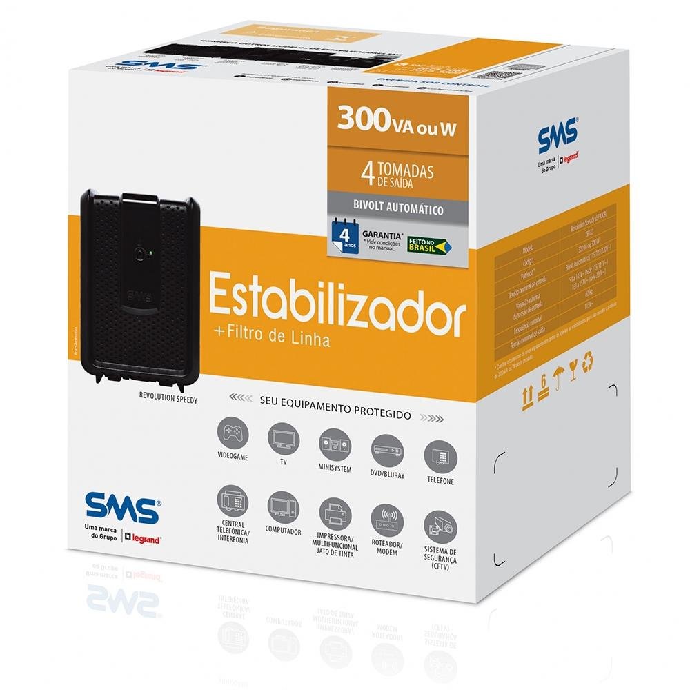 Estabilizador SMS Revolution Speedy 300VA, Entrada Bivolt Automático e Saída de 115V, 4 Tomadas - USP300Bi - 15970 - view 3