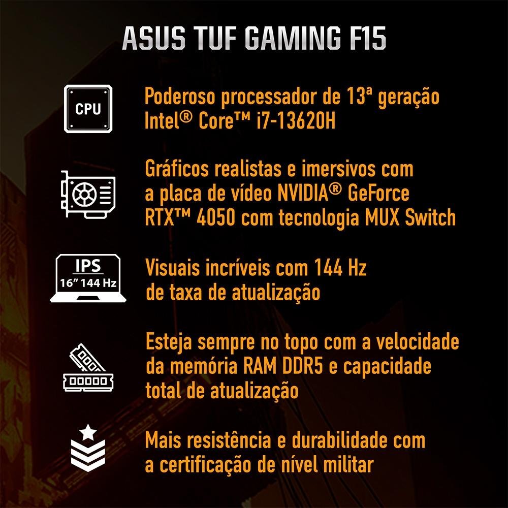 "Notebook Gamer ASUS Tuf Gaming F15 Fx507vu, Intel Core I7, GeForce Rtx 4050, 8GB RAM, Ssd 512gb, 15,6"" Fhd, 144hz, Keepos - Fx507vu-Lp151" - view 2