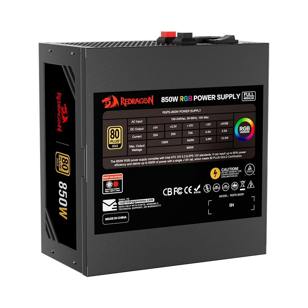 Fonte Redragon, 850W, 80 Plus Gold, Modular, PFC Ativo, RGB, Sem Cabo, Preto - GC-PS007-1 - view 6