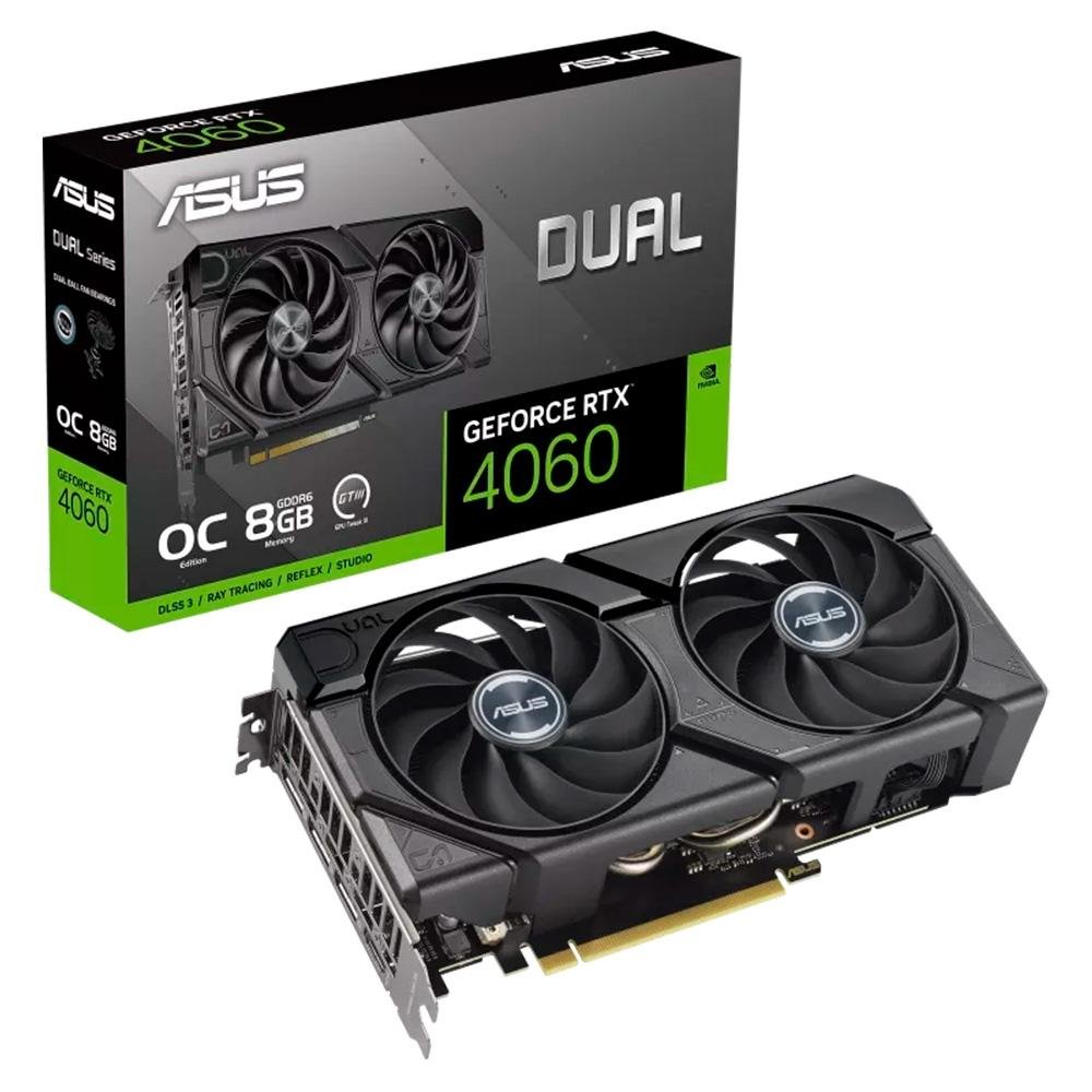 Placa de vídeo RTX 4060 ASUS Dual 8G EVO OC NVIDIA GeForce, 8GB GDDR6, G-SYNC, Ray Tracing - 90YV0JC7-M0NA00 Placa de vídeo RTX 4060 ASUS Dual 8G EVO OC NVIDIA GeForce, 8GB GDDR6, G-SYNC, Ray Tracing - 90YV0JC7-M0NA00
