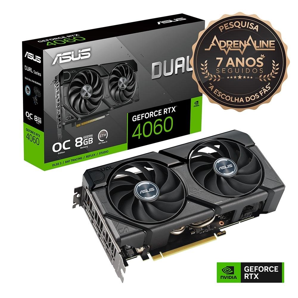 Placa de vídeo RTX 4060 ASUS Dual 8G EVO OC NVIDIA GeForce, 8GB GDDR6, G-SYNC, Ray Tracing - 90YV0JC7-M0NA00 Placa de vídeo RTX 4060 ASUS Dual 8G EVO OC NVIDIA GeForce, 8GB GDDR6, G-SYNC, Ray Tracing - 90YV0JC7-M0NA00