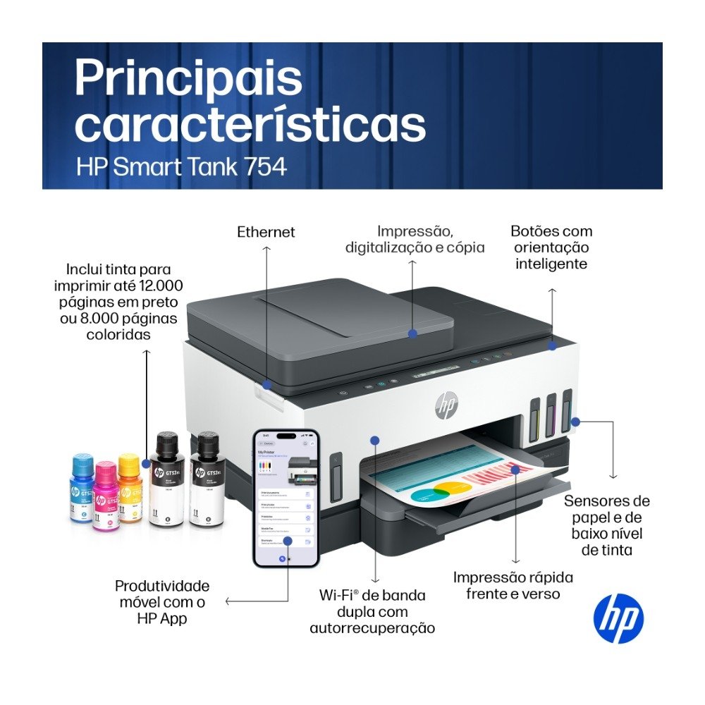 Imagem 8 de 10 do produto Impressora Multifuncional HP Smart Tank 754 Wi-Fi - Tanque de Tinta Colorida Duplex USB Bluetooth (2H0A6A)