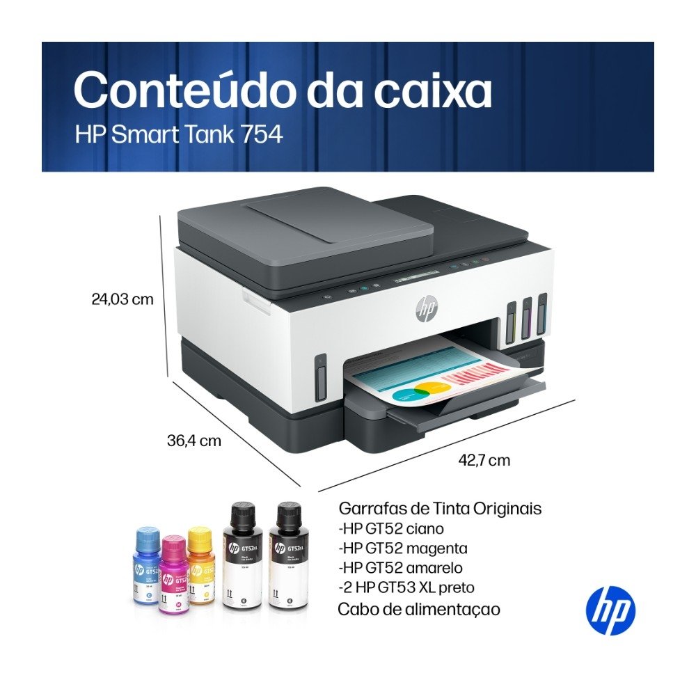 Imagem 10 de 10 do produto Impressora Multifuncional HP Smart Tank 754 Wi-Fi - Tanque de Tinta Colorida Duplex USB Bluetooth (2H0A6A)