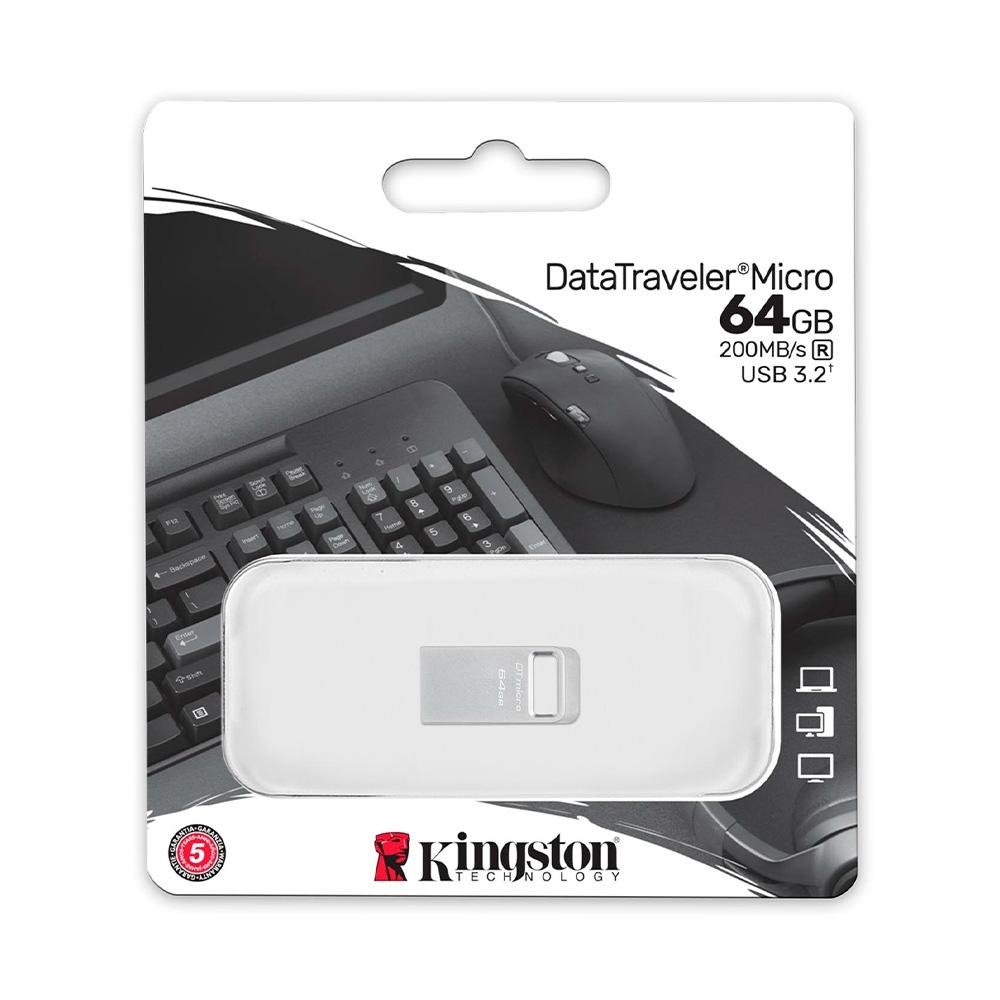 Imagem 3 de 3 do produto Pen Drive 64GB Kingston DataTraveler Micro, USB 3.2 Gen 1, Leitura de 200MB/s, Metal - DTMC3G2/64GB