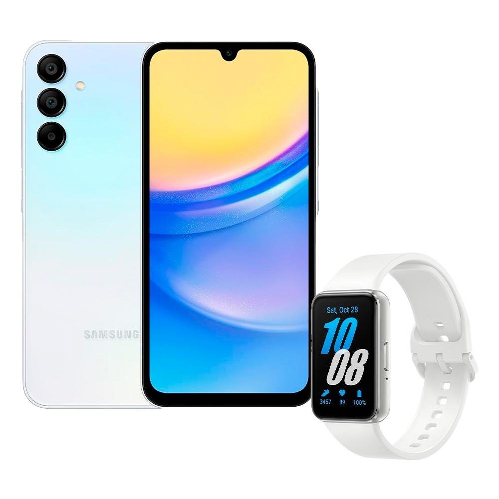 Kit Smartphone Samsung Galaxy A15 5G, 256GB, 8GB, Octa Core, Azul Claro + SmartWatch Samsung Galaxy Fit3 53mm, Tela Amoled, Resistencia à agua, Prata
