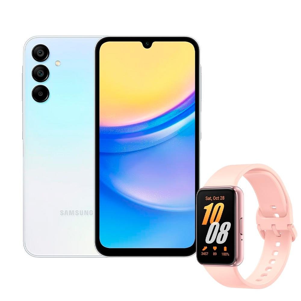 Kit Smartphone Samsung Galaxy A15 5G, 128GB, 4GB, Octa Core, Azul Claro + SmartWatch Samsung Galaxy Fit3 53mm, Tela Amoled, Resistencia à agua, Rose