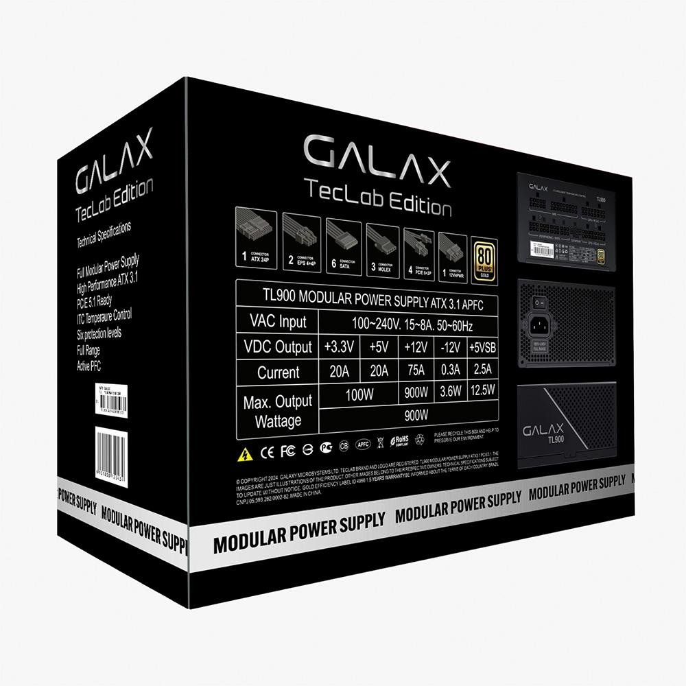 Imagem 6 de 6 do produto Fonte Galax TecLab Edition, TL 900W, Gold, ATX 3.1 - TL900PBKPS18810BR