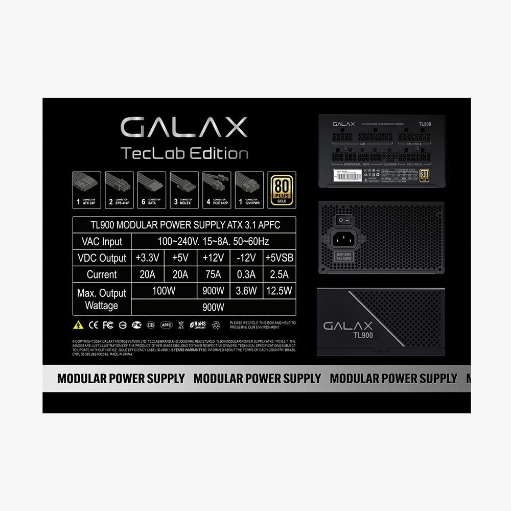 Imagem 5 de 6 do produto Fonte Galax TecLab Edition, TL 900W, Gold, ATX 3.1 - TL900PBKPS18810BR