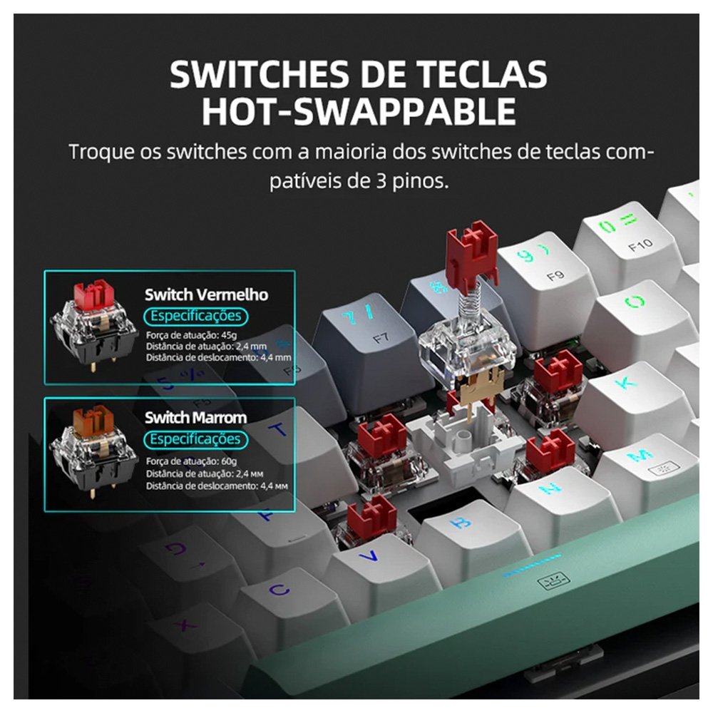 Teclado Mecânico Gamer Machenike K500-B61, Switch Huano Brown, ABNT, Branco - K500-B61BBR Teclado Mecânico Gamer Machenike K500-B61, Switch Huano Brown, ABNT, Branco - K500-B61BBR