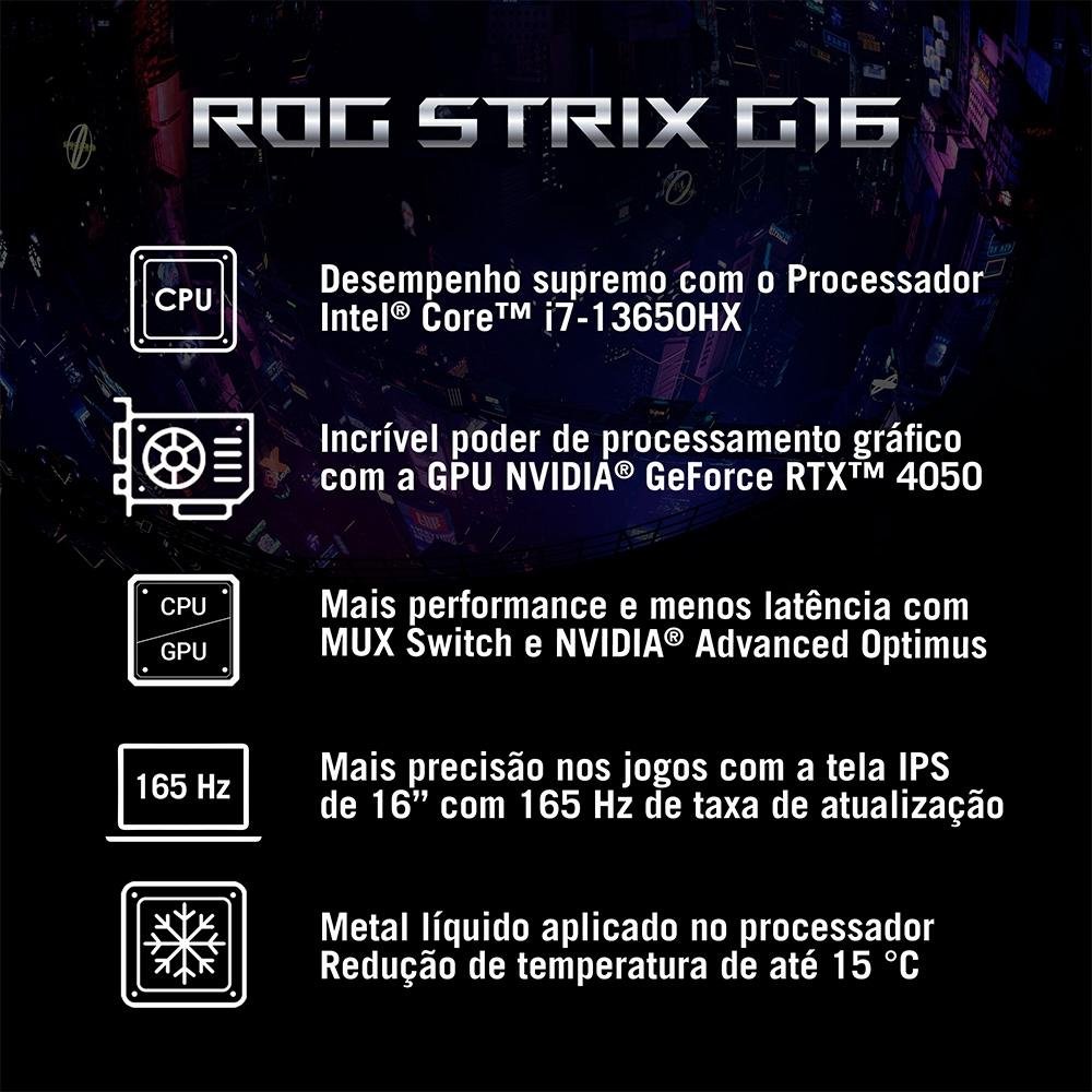 Notebook Gamer ASUS Rog Strix G16 Intel Core I7, 8gb Ram, GeForce Rtx 4050, Ssd 512gb, 16 Fhd, 165hz, Keepos, Eclipse Gray - G614ju-N3367 - view 2