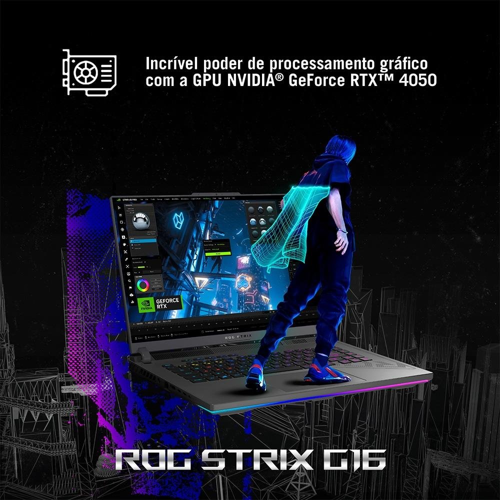 Notebook Gamer ASUS Rog Strix G16 Intel Core I7, 8gb Ram, GeForce Rtx 4050, Ssd 512gb, 16 Fhd, 165hz, Keepos, Eclipse Gray - G614ju-N3367 - view 4