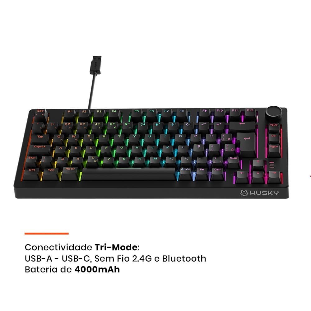 Teclado Sem Fio Mecânico Gamer Husky Nomadic, RGB, Switch Gateron G Pro Red, Bluetooth, ABNT2, Preto - HTG800PTVR - view 3