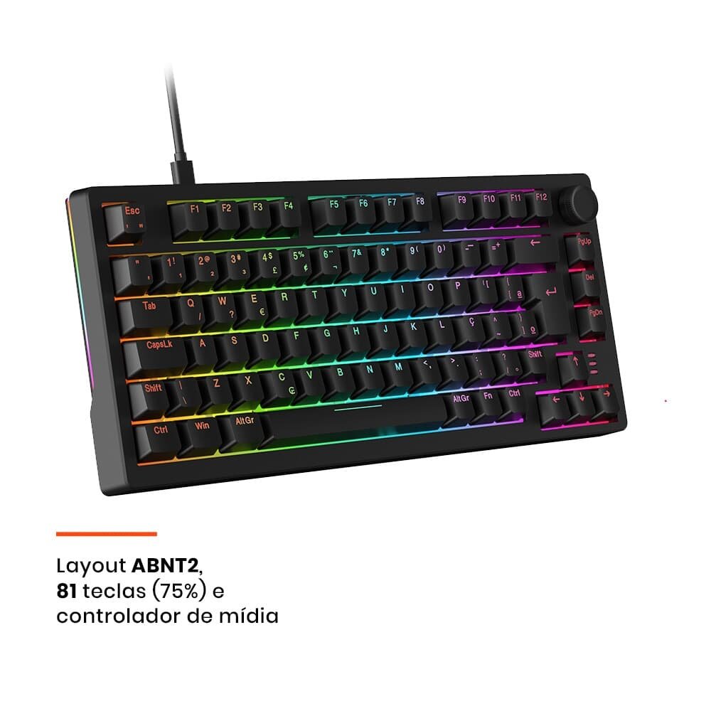 Teclado Sem Fio Mecânico Gamer Husky Nomadic, RGB, Switch Gateron G Pro Brown, Bluetooth, ABNT2, Preto - HTG800PTMA - view 2
