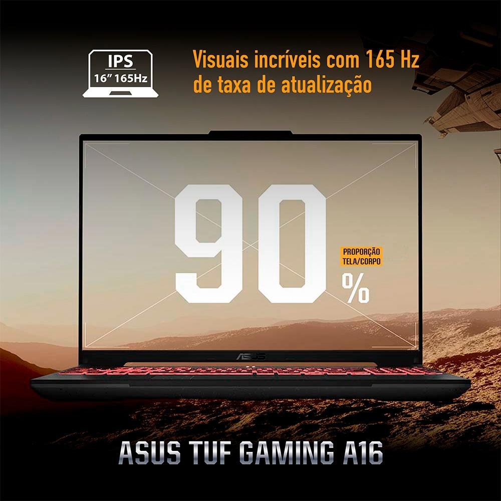 Imagem 5 de 29 do produto Notebook Gamer ASUS TUF Gaming  A16 Ryzen 9-7845HX, 16GB RAM, RTX 4060, SSD 512GB, 16" FHD 165Hz IPS, W11 Home, Jaeger Gray - FA607PV-N3043W