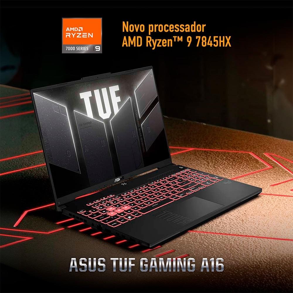 Imagem 3 de 29 do produto Notebook Gamer ASUS TUF Gaming  A16 Ryzen 9-7845HX, 16GB RAM, RTX 4060, SSD 512GB, 16" FHD 165Hz IPS, W11 Home, Jaeger Gray - FA607PV-N3043W