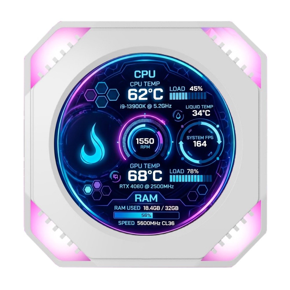 Tela de Monitoramento Gamer Rise Mode Para Water cooler, Vision Screen, 2.1" IPS, Branco - RM-VS-W