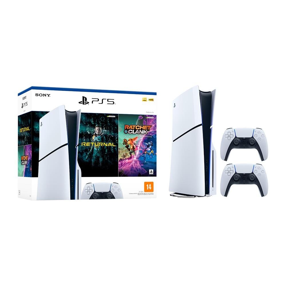 Console Sony PlayStation 5 Slim, Branco com 2 Controles Sony DualSense PS5 Sem Fio, Branco e 2 Jogos Console Sony PlayStation 5 Slim, Branco com 2 Controles Sony DualSense PS5 Sem Fio, Branco e 2 Jogos