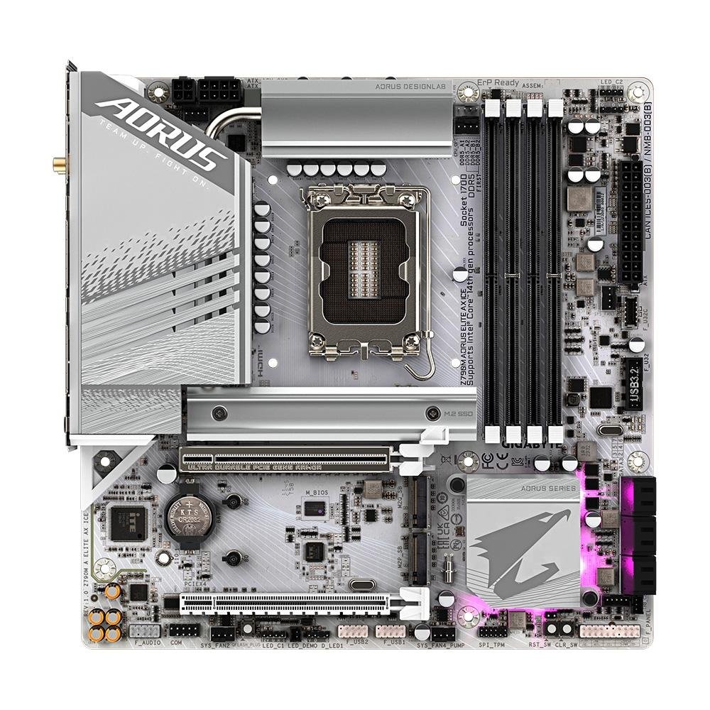 Imagem 2 de 6 do produto Placa-Mãe Gigabyte Z790M AORUS ELITE AX ICE, Intel, mATX, DDR5, RGB, Wi-Fi, Bluetooth, Branco - Z790M AORUS ELITE AX ICE