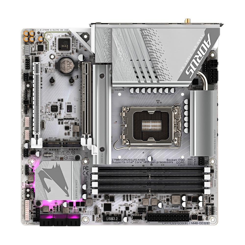 Imagem 3 de 6 do produto Placa-Mãe Gigabyte Z790M AORUS ELITE AX ICE, Intel, mATX, DDR5, RGB, Wi-Fi, Bluetooth, Branco - Z790M AORUS ELITE AX ICE