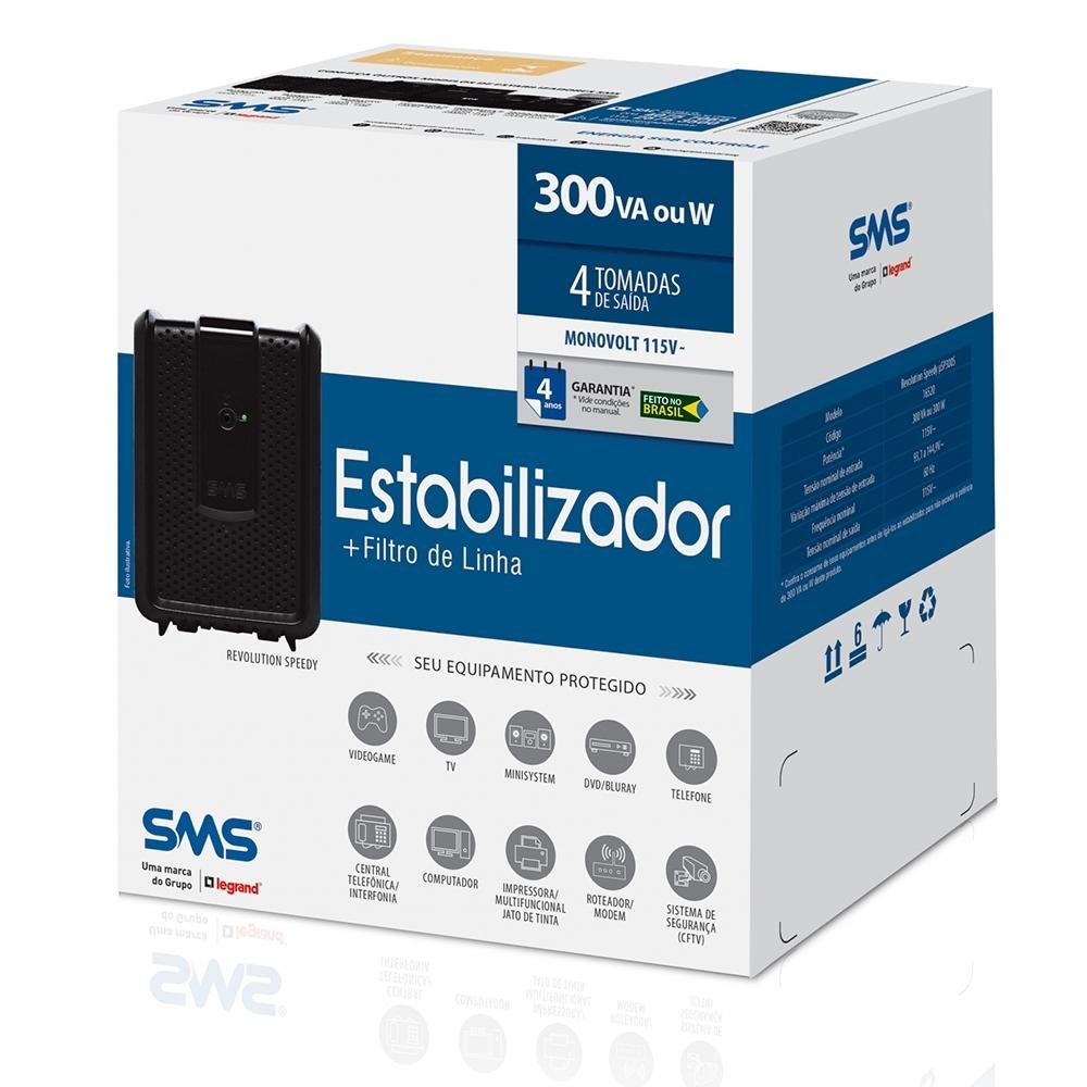 Estabilizador SMS Revolution Speedy 300VA, Entrada e Saída de 115V, 4 Tomadas - USP300S - 16520 - view 3