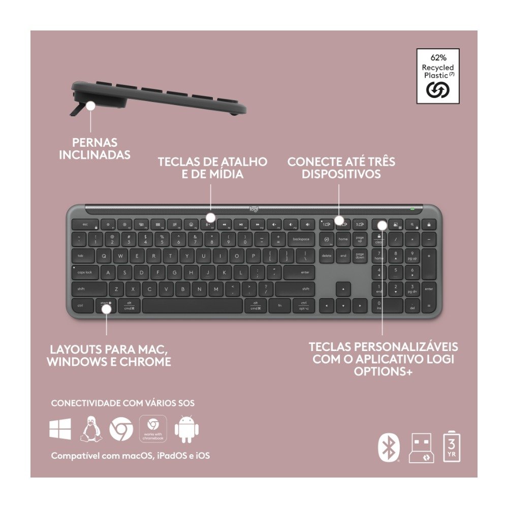 Imagem 9 de 11 do produto Teclado sem fio Logitech Signature Slim K950 Com Conexão Bluetooth ou Receptor USB Logi Bolt Incluso e Layout US INTL, Grafite - 920-012433