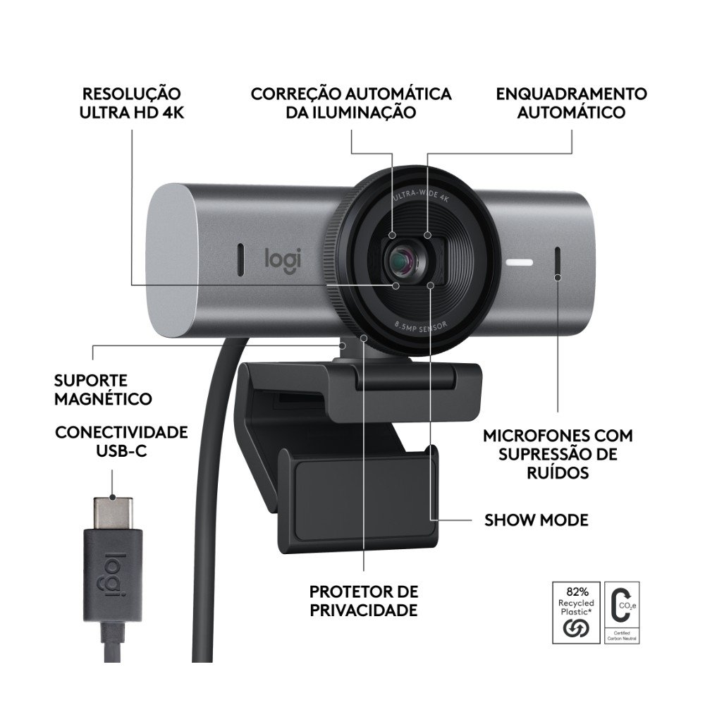 Webcam Ultra HD 4K ( Balão.info) MX Brio Com Microfones com Redução de Ruído, Protetor de Privacidade e Conexão USB-C, Grafite - 960-( Balão.info - view 7