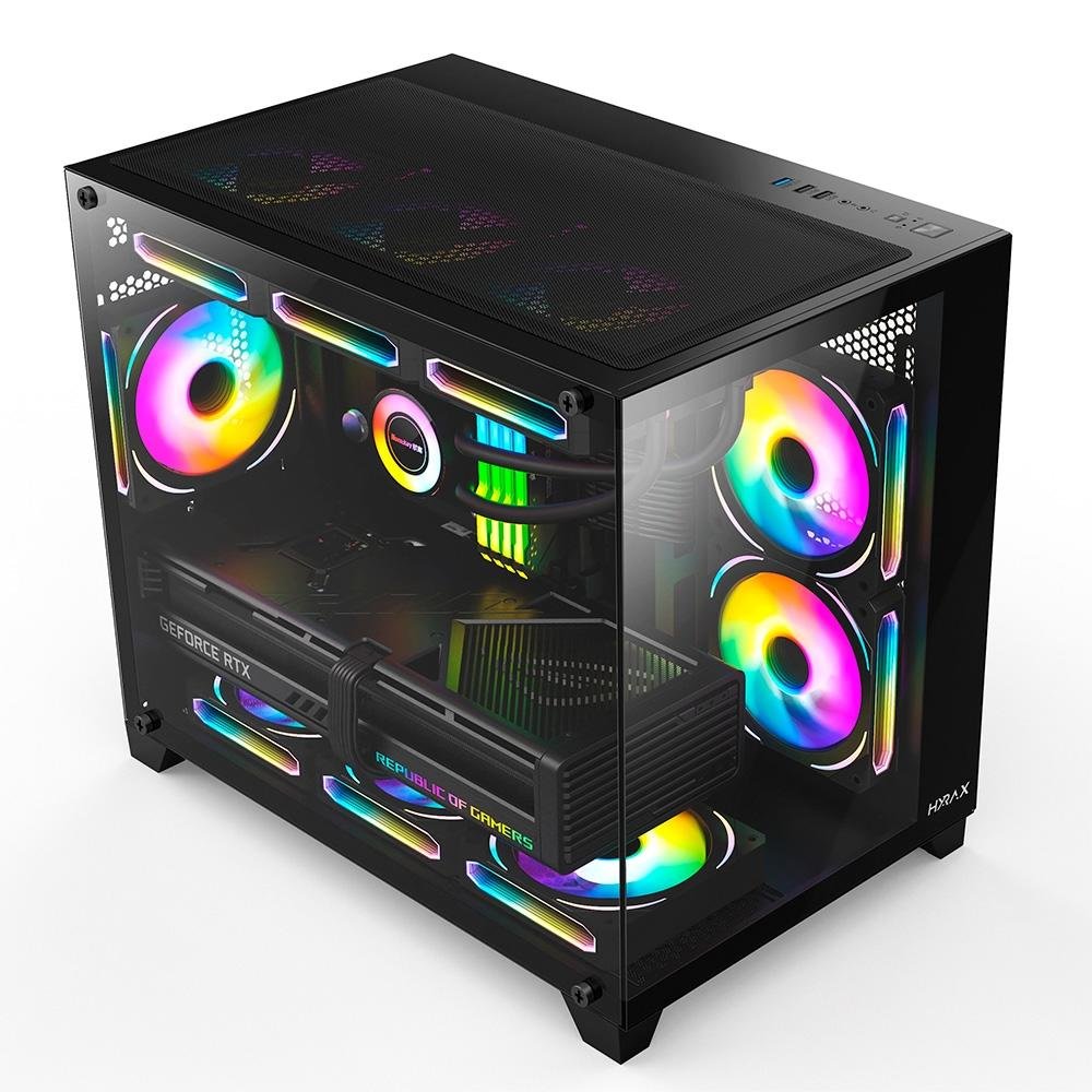 Imagem 2 de 7 do produto Gabinete Gamer Hyrax HGB730, Mini Tower, M-ATX, Frontal e Lateral em Vidro Temperado, Sem FANs, Preto - HGB730B
