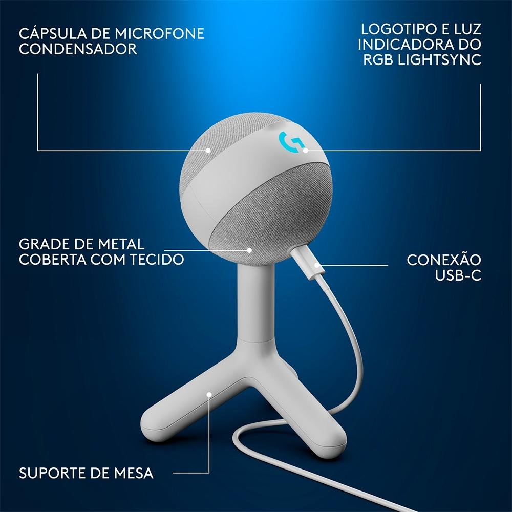 Microfone Gamer Logitech G Yeti Orb com RGB LIGHTSYNC, USB Plug and Play para Gravação de Conteúdo e Streaming, Branco - 988-000557