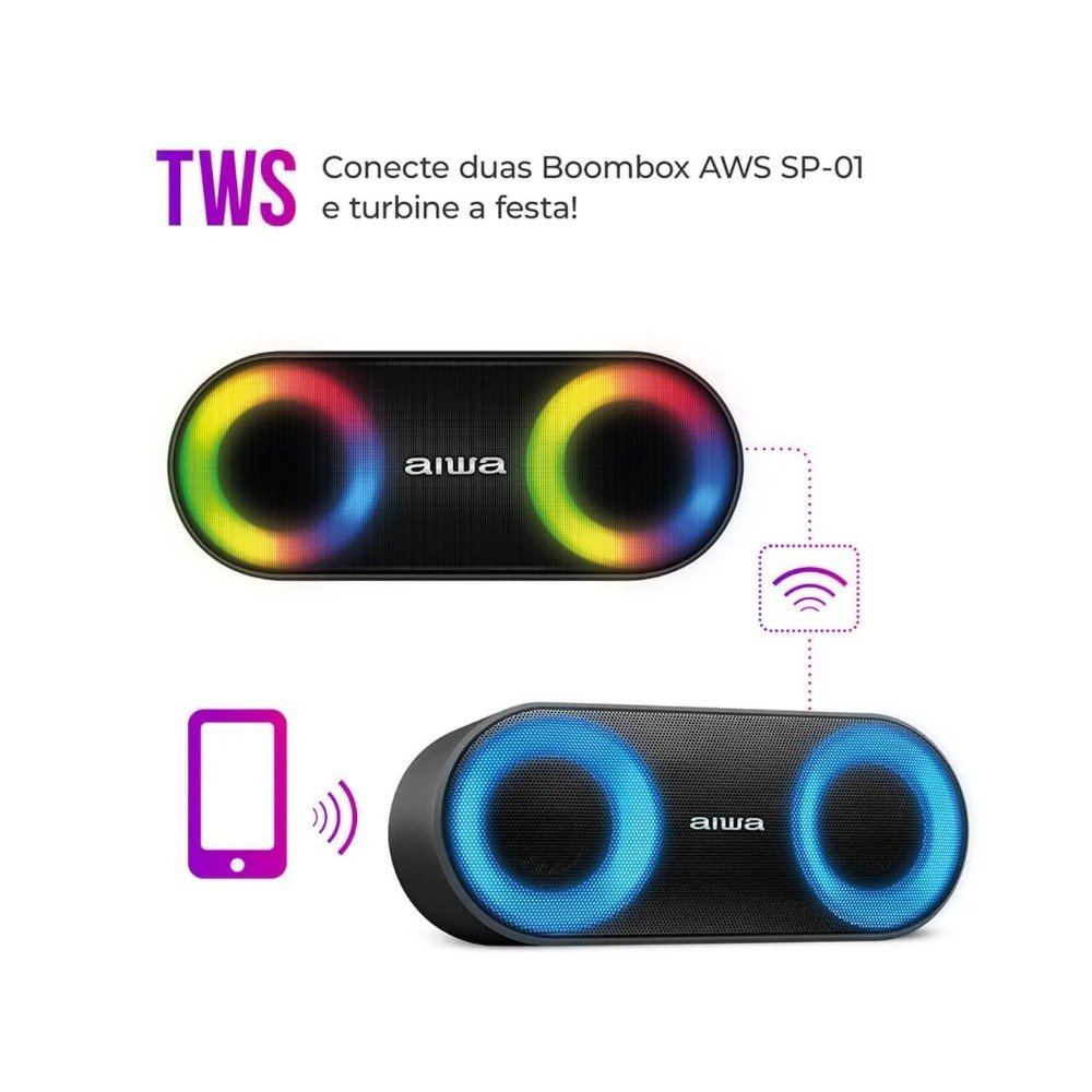 Caixa de Som Portátil Aiwa Speaker SP-01, Bluetooth, RGB, 20W RMS, IP65, 15 Horas de Bateria, USB, Preto - ( Balão.info)-02 - foto 4