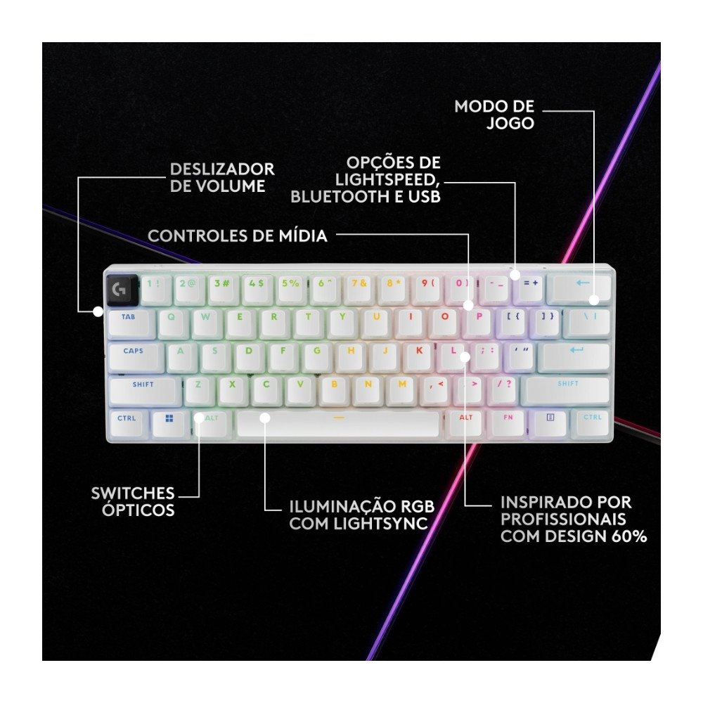 Teclado Sem Fio Mecânico Gamer Logitech G PRO X 60 Lightspeed, RGB, Bluetooth, Compatível com Windows, Branco - 920-011921