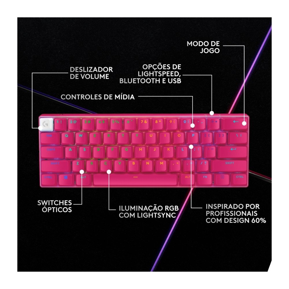 Teclado Sem Fio Mecânico Gamer Logitech G PRO X 60 Lightspeed, RGB, Bluetooth, Compatível com Windows, Rosa Magenta - 920-011940 - view 5