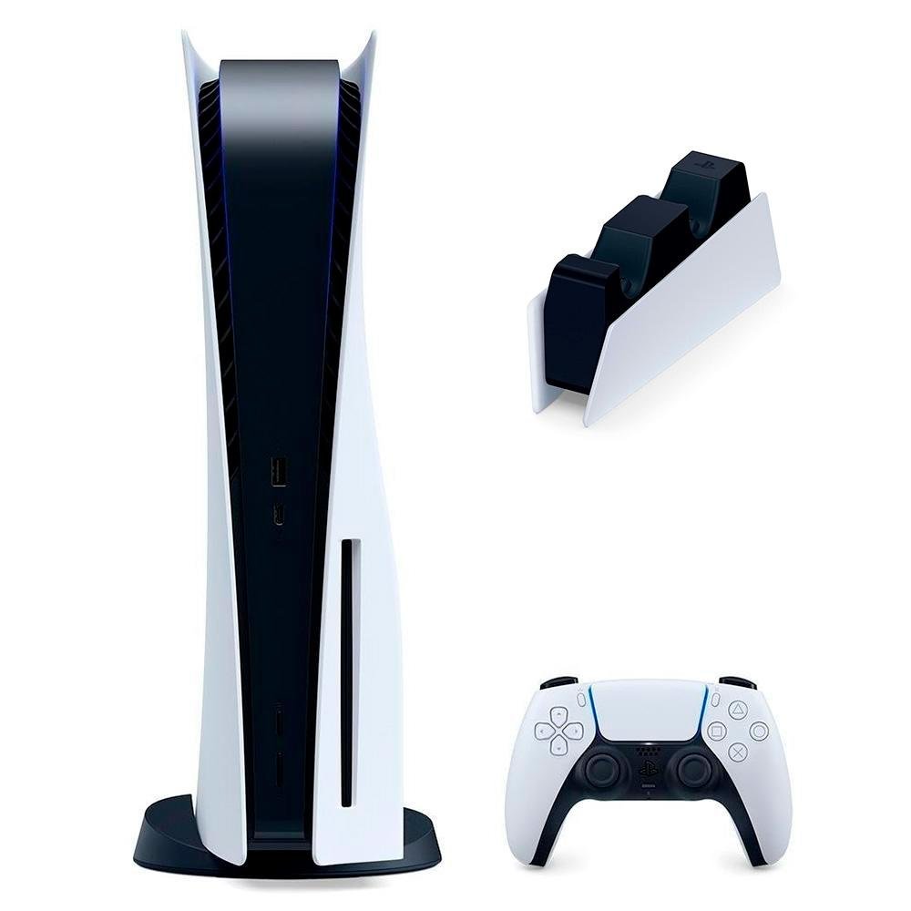 Console Playstation 5 Sony, Mídia física, SSD 825GB, com controle sem fio DualSense e Base de Carregamento Sony Para Controle DualSense, Branco Console Playstation 5 Sony, Mídia física, SSD 825GB, com controle sem fio DualSense e Base de Carregamento Sony Para Controle DualSense, Branco