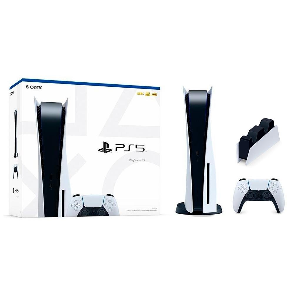 Console Playstation 5 Sony, Mídia física, SSD 825GB, com controle sem fio DualSense e Base de Carregamento Sony Para Controle DualSense, Branco Console Playstation 5 Sony, Mídia física, SSD 825GB, com controle sem fio DualSense e Base de Carregamento Sony Para Controle DualSense, Branco
