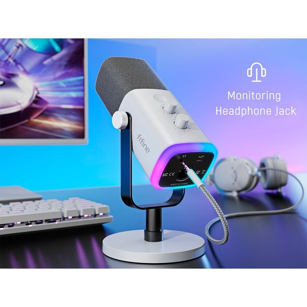 Microfone Dinâmico Gamer Fifine Ampligame, RGB, Cardióide, USB-C, Anti-Ruído, Para Streaming, Branco - AM8W Microfone Dinâmico Gamer Fifine Ampligame, RGB, Cardióide, USB-C, Anti-Ruído, Para Streaming, Branco - AM8W