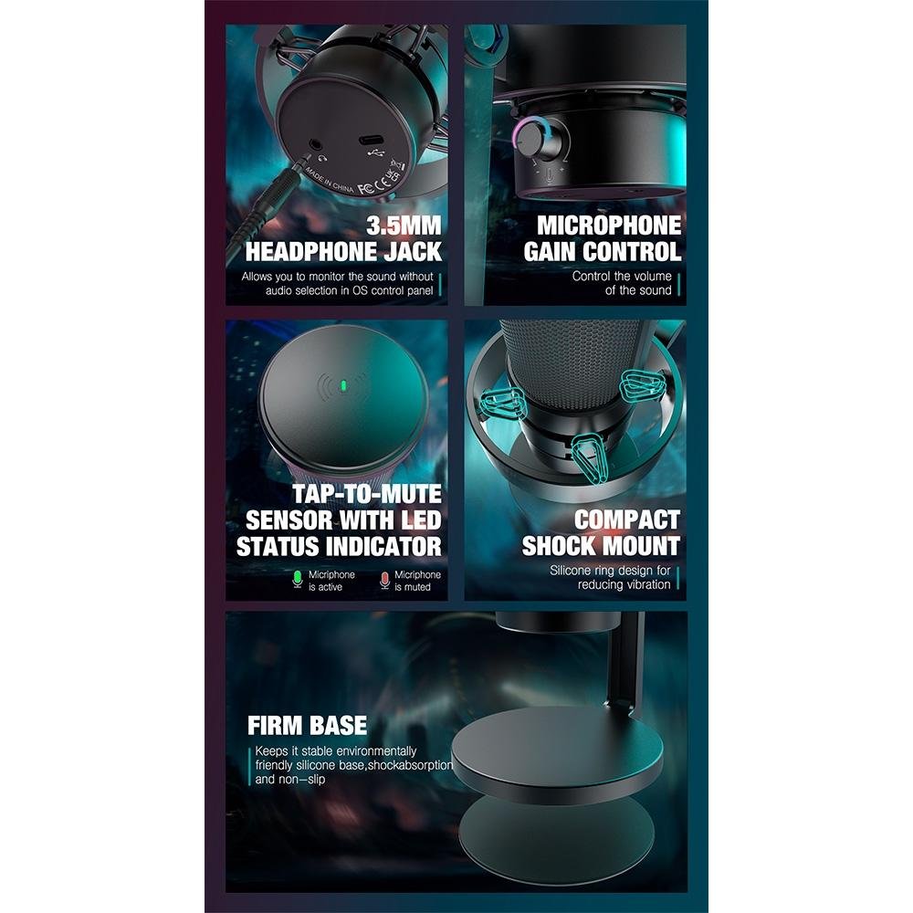 Microfone Gamer Condensador Fifine A8T RGB, USB-C, com Braço Articulado, Preto - A8T - view 9