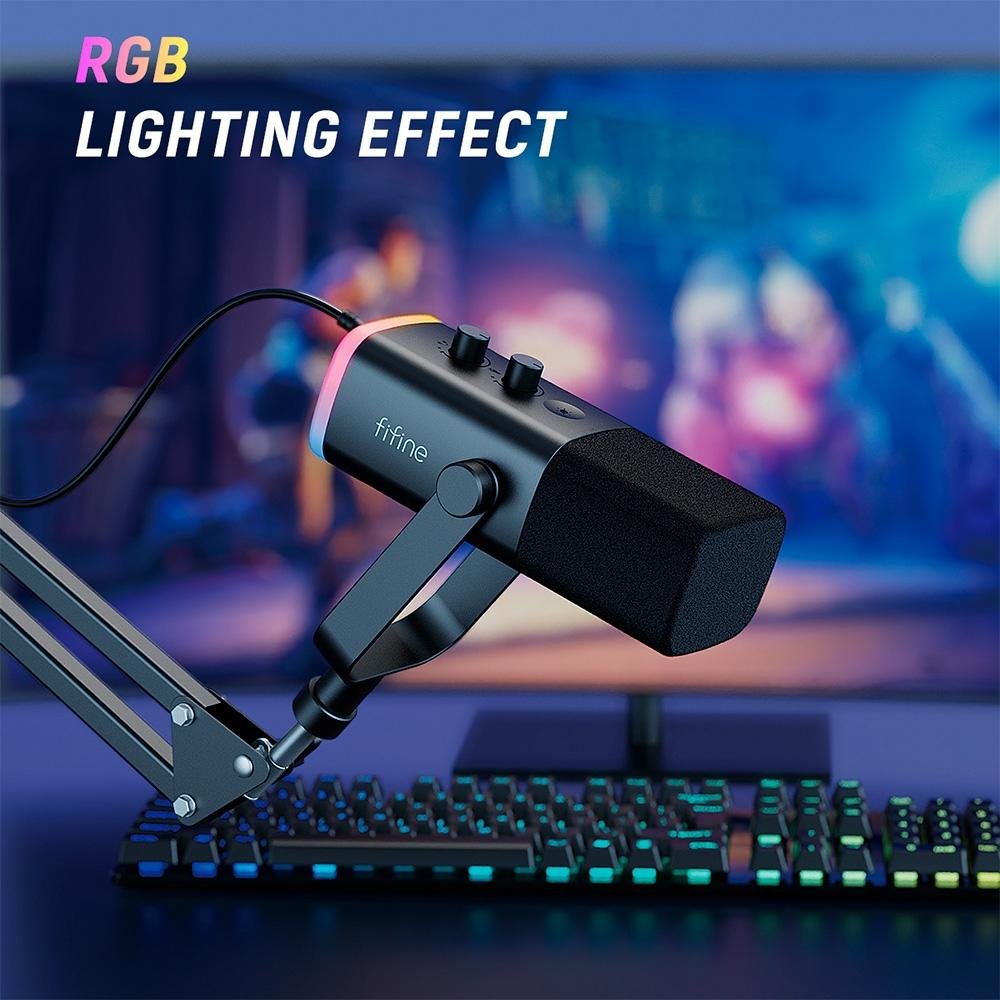 Imagem 8 de 10 do produto Microfone Dinâmico Gamer Fifine, RGB, Cardióide, USB Tipo-C e XLR, Anti-Ruído, Preto - AM8T