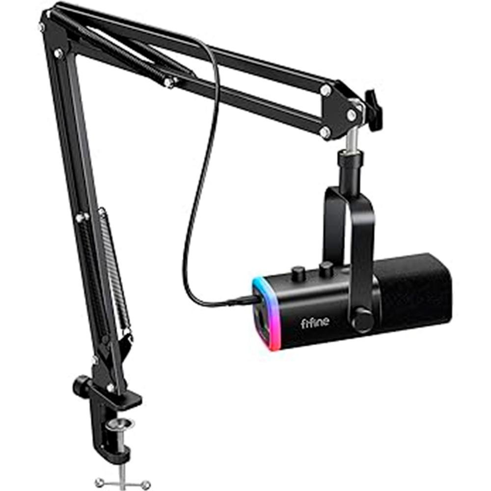 Imagem 1 de 10 do produto Microfone Dinâmico Gamer Fifine, RGB, Cardióide, USB Tipo-C e XLR, Anti-Ruído, Preto - AM8T