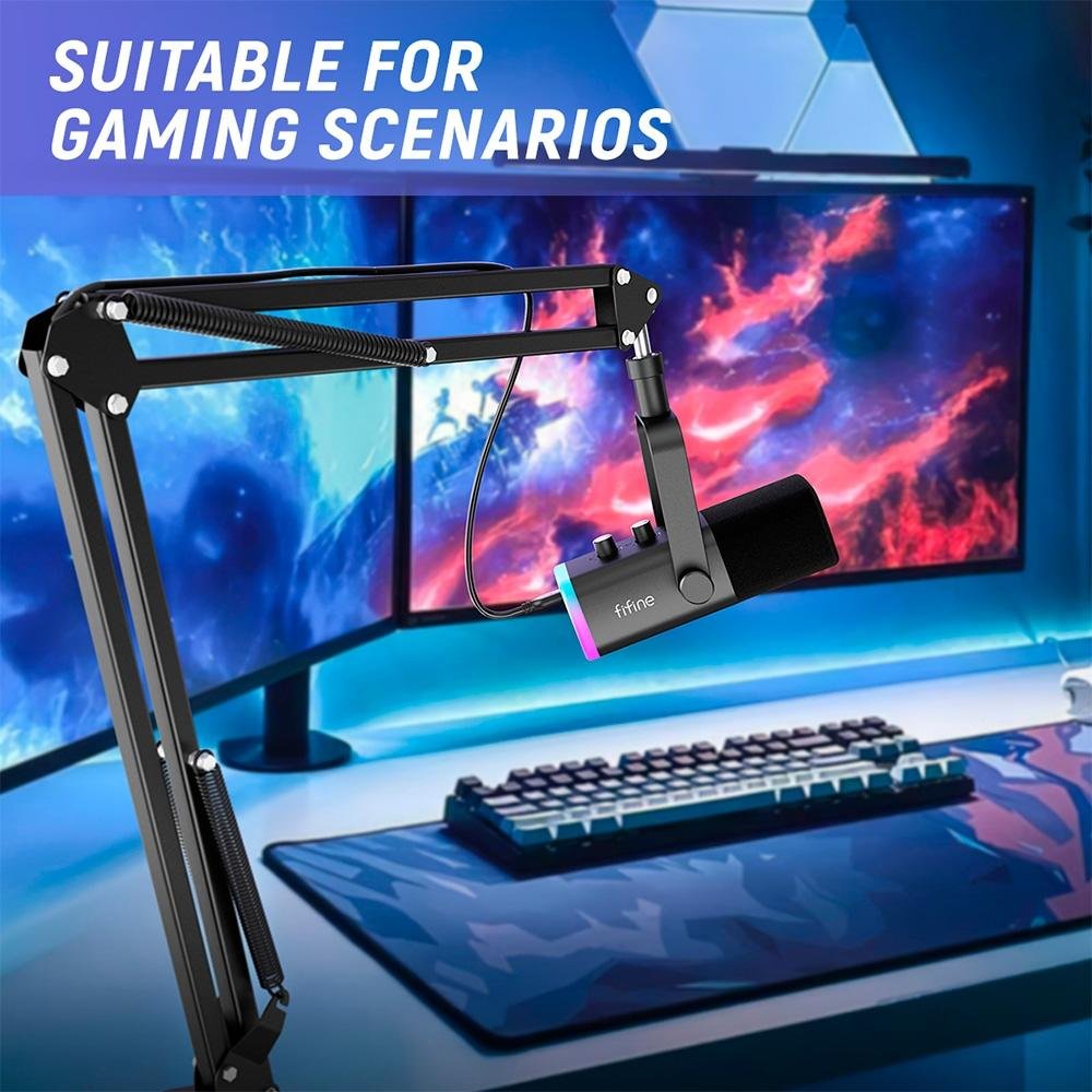 Imagem 3 de 10 do produto Microfone Dinâmico Gamer Fifine, RGB, Cardióide, USB Tipo-C e XLR, Anti-Ruído, Preto - AM8T